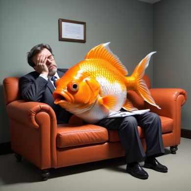 Man sitting in psychiatrist's office with oversized pet goldfish: Janitorial Contractors need cheap liability insurance