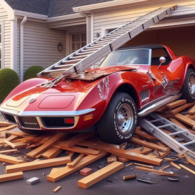 Vintage car damaged by ladder. He has liability insurance. Protect yourself with liability insurance.