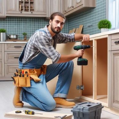 Remodeler working on kitchen cabinet: Remodeling Professionals need to protect themselves with liability coverage