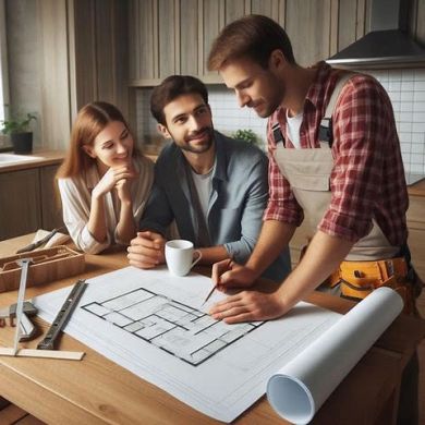 Remodeling Professional reviewing plans with customers: Remodeling Contractors need to protect themselves with liability coverage