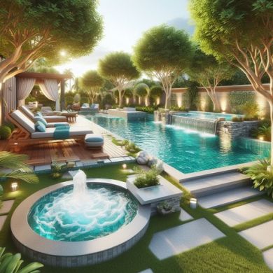 Beautiful backyard space with pool and spa: Pool and spa Contractors need liability coverage