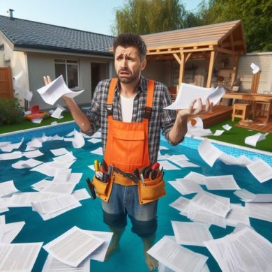 Contractor standing in pool surrounded by paperwork: Pool Contractors need liability coverage