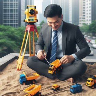 Surveyor in sandbox with Tonka trucks. Get affordable liability coverage here.