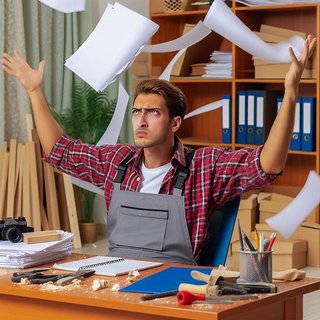 Surveyor overwhelmed with paperwork. All professionals need cheap liability insurance.