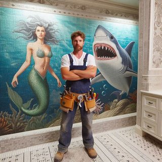 Mosaic of mermaid and shark with tile contractor. Tile professionals need cheap liability coverage.